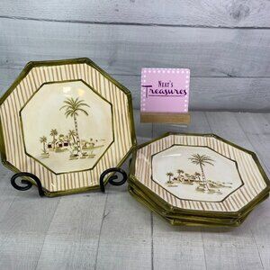 Waverly WVE3 Palm Tree Brown Stripes Multisided Octagon Salad Lunch Plates Set 4